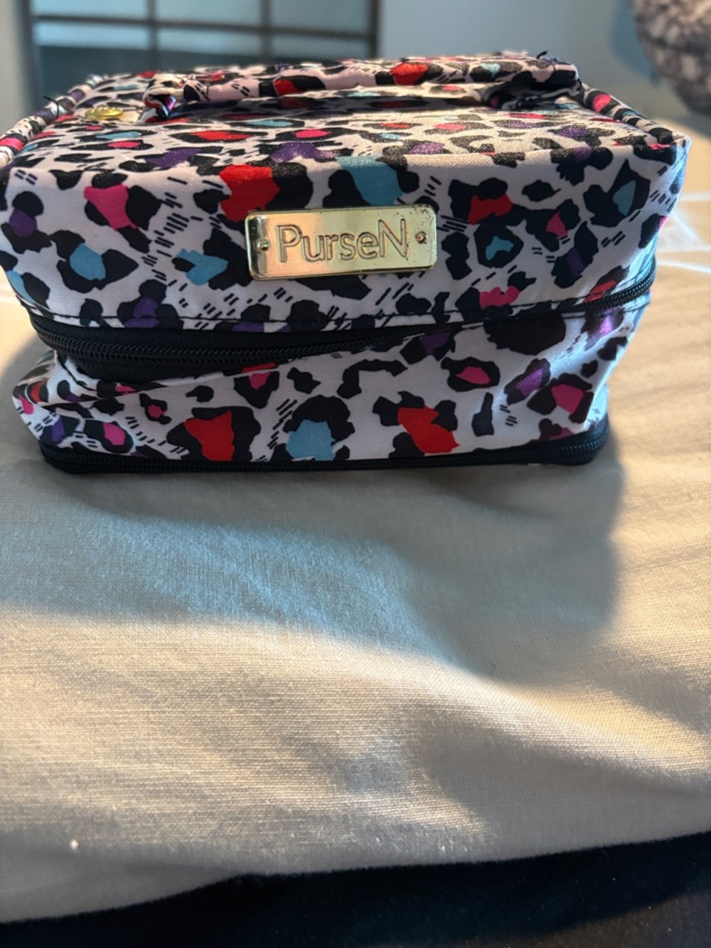PurseN White Leopard Print Cosmetic Pouch with Red Blue Purple Accents